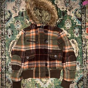 Vintage Plaid Wool Bomber Jacket with Faux Fur Hood - 1980s Style
